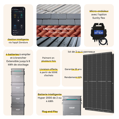 Pack kit solaire toiture Plug & Play + Zendure Hyper 2000