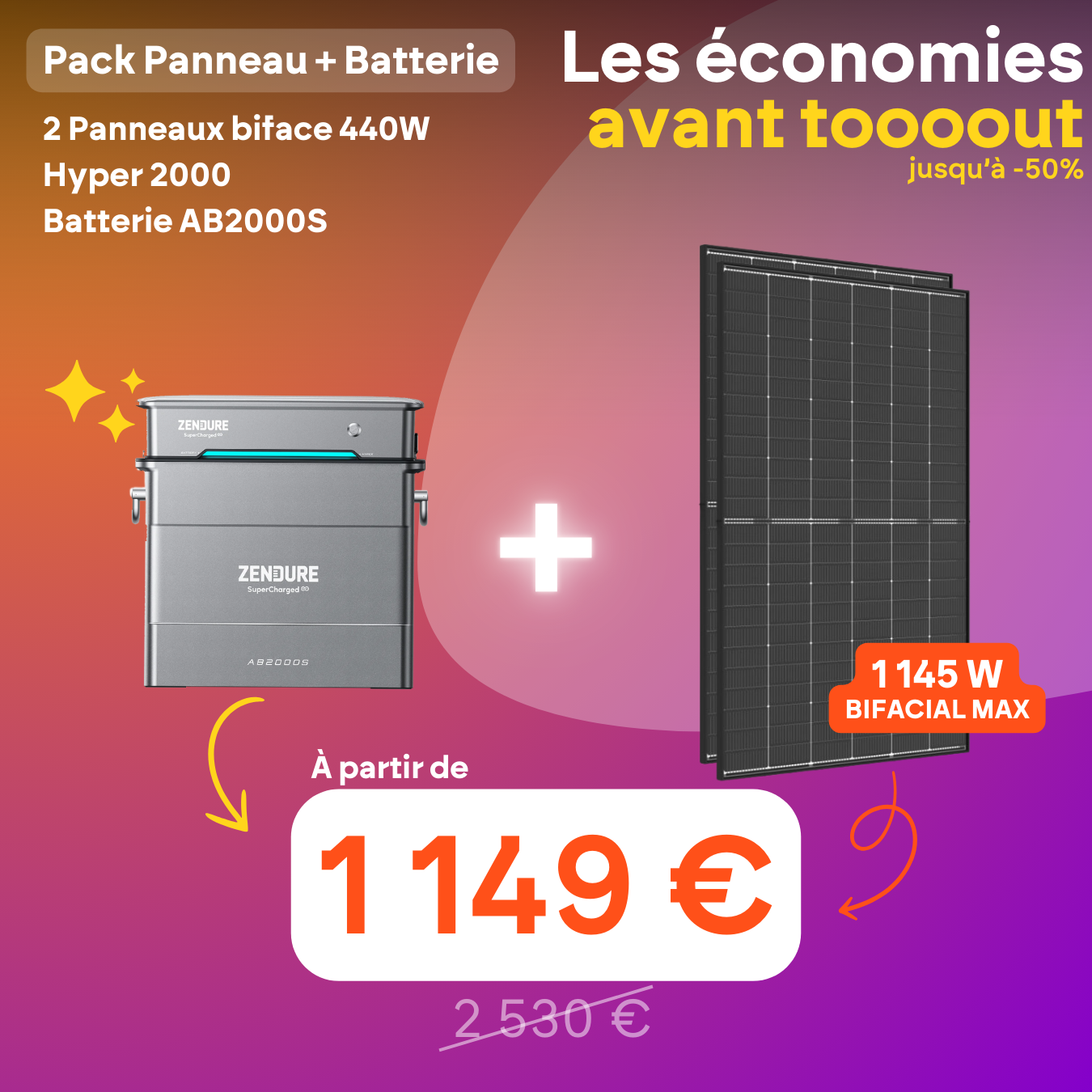 Pack kit solaire toiture Plug & Play + Zendure Hyper 2000
